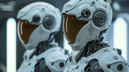 Fototapeta premium Two advanced humanoid robots with sleek white exteriors and orange-tinted visors standing in a high-tech environment. The robots' detailed features and futuristic design suggest advanced artificial