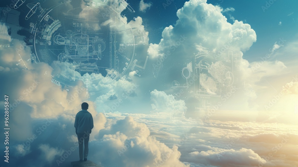 Poster a solitary figure stands on a cloud, gazing at complex digital schematics floating in the sky. the i