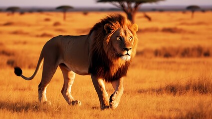 Immerse yourself in the breathtaking beauty of the African savannah with this stunning image of a lion walking through the golden plains at sunset.