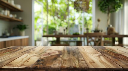 Wooden table top in stylish minimal interior with blurred background.