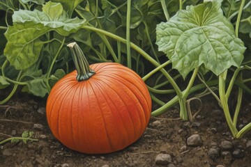 Ripe pumpkin in the field ready for harvest