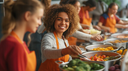 A diverse group of volunteers of all ages preparing and serving food in a community kitchen. They are smiling, chopping vegetables, stirring large pots, and serving meals to people in need.