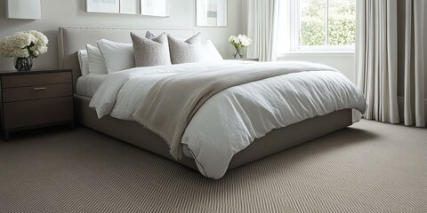 Modern bedroom with patterned carpet and a bed.