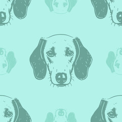 Seamless vector pattern with cute draw fluffy dogs. Simple doodle style. Grid