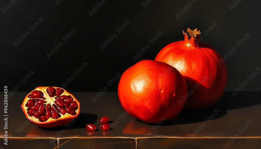 Wall mural a close up of two red pomegranates and a slice of one