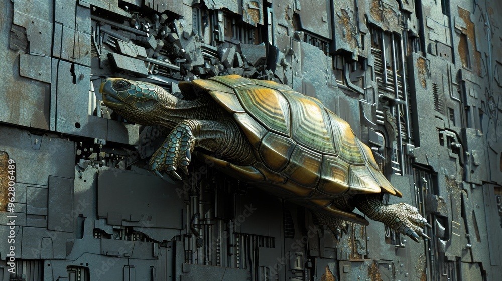 Poster a meticulously detailed 3d rendering of a robotic turtle scaling a high-tech, industrial metal wall.