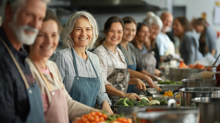 A diverse group of volunteers of all ages preparing and serving food in a community kitchen. They are smiling, chopping vegetables, stirring large pots, and serving meals to people in need.