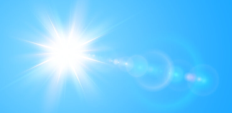 Sunny background, sun with lens flare on blue sky, hot weather concept, summer background  illustration.