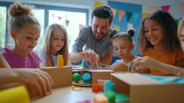 children playing in classroom, A group of excited children in a colorful, modern classroom working together to build a science project. using cardboard, and recycled materials, with some kids measurin