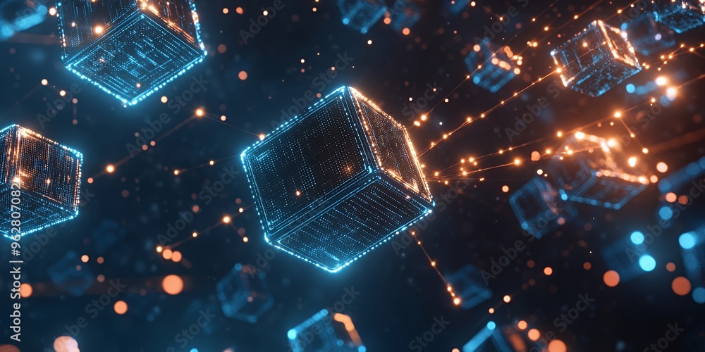 Poster abstract 3d glowing cubes connected with lines of light against dark background.