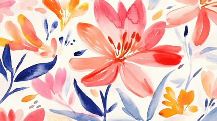 Obraz premium Vibrant watercolor floral pattern with pink lilies colorful leaves