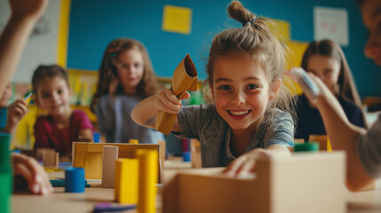 A group of excited children in a colorful, modern classroom working together to build a science project. using cardboard, and recycled materials, with some kids measuring and others painting