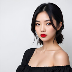 Fototapeta premium Model young Asian woman with dark hair, red lips, black top, wearing a black dress, studio shot