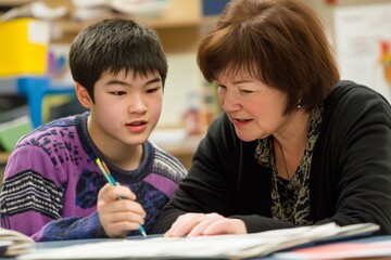 Teacher Assisting Student in Classroom