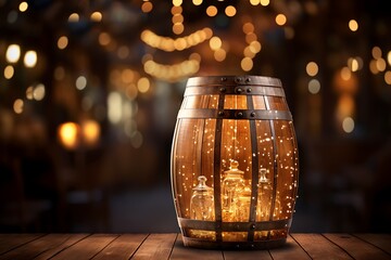 Wooden barrel and on table against blurred festive lights