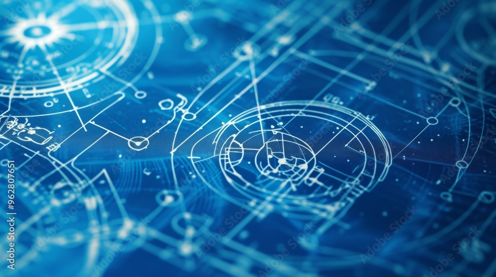 Poster intricate abstract blueprint showcasing various technological elements and design patterns. the blue