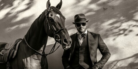 Man in suit, sunglasses and hat beside a horse.