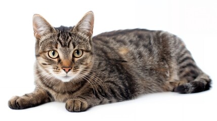 Fototapeta premium A tabby cat with green eyes lies on a white background, looking directly at the camera.