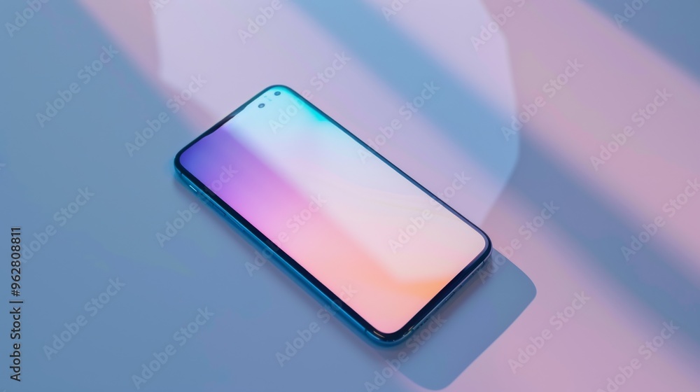 Poster modern smartphone with a pastel gradient display, lying diagonally on a light background. the image 