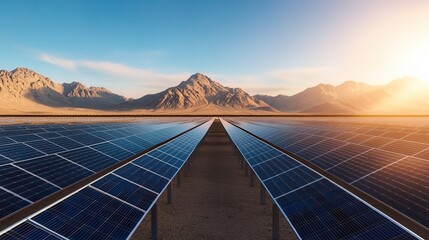 Solar energy farm in desert landscape, renewable energy production, 3D illustration,