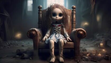 A creepy doll sitting on an old, dusty chair