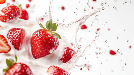 Fresh strawberry splashing into creamy yoghurt isolated on white background.