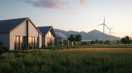 Obraz premium Sustainable village powered by wind and solar energy, zero waste living, 3D illustration,