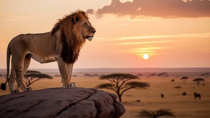 Capture the serene yet powerful essence of the wild with this stunning image of a majestic lion standing tall on a rocky outcrop at sunset.