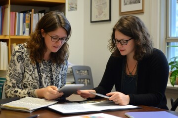 Fototapeta premium Two Young Women Studying Together in a Library