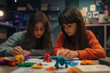 Fototapeta premium Two Girls Concentrating on Building Toys
