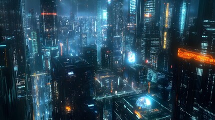Obraz premium Futuristic Cityscape with Data Streams and Glowing Neon Skyscrapers