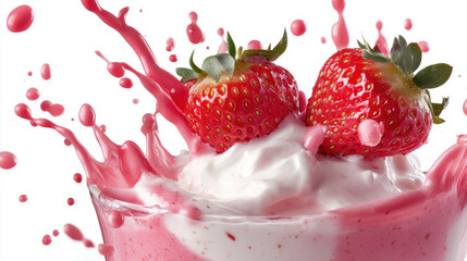 Fresh strawberry splashing into creamy yoghurt isolated on white background.