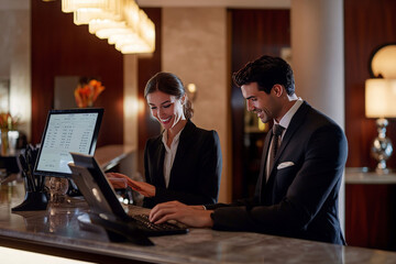 A hotel receptionist smiles and helps a guest check in at the reception desk.