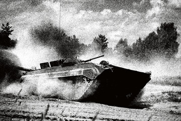 INFANTRY FIGHTING VEHICLE - Armoured personnel carrier drives through forest off-road terrain
