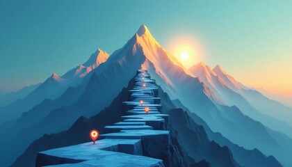 Futuristic Mountain Path Leading to a Neon Location Marker