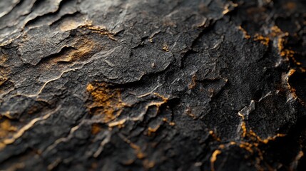Close-up of textured dark surface with golden accents, showcasing natural patterns and contrasts.