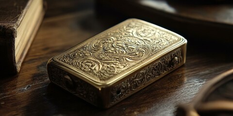Fototapeta premium Ornate golden box on a wooden surface.