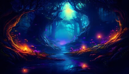 A dark forest with looming shadows and glowing eyes in the distance