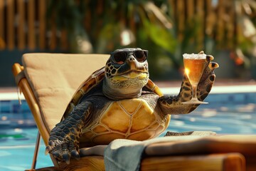 Turtle relaxes on sunbed near pool with bamboo fence. Wearing sunglasses and straw hat, holding beer glass in right hand. Enjoying leisure time by water