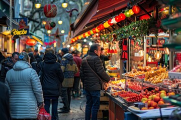 Bustling outdoor market with vibrant colors and decorations
