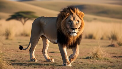Capture the essence of strength and independence with this striking image of a solitary male lion confidently walking through the savannah.