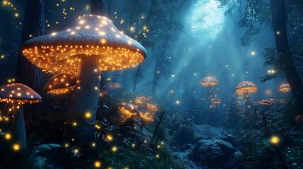 Enchanted forest with glowing mushrooms and fireflies