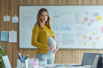 Pregnant businesswoman standing in front of a whiteboard during a meeting