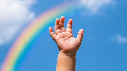 Child's hand reaching towards a rainbow