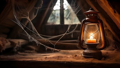 Obraz premium A dusty old lantern casting eerie shadows in a cobweb-covered attic