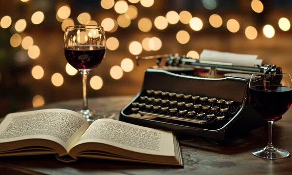 Wine, Typewriter and Book - Creative Writing Setup