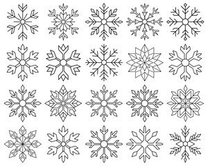 Snowflake icon. Set of linear snowflake icons. Christmas decor. Black drawn snowflake. Snowflakes template. Vector illustration.