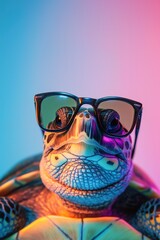 Turtle wearing sunglasses on colorful solid studio background. Turtle with vibrant blue pink and yellow hues resting on green surface. Turtle head tilted slightly left looking directly at camera.