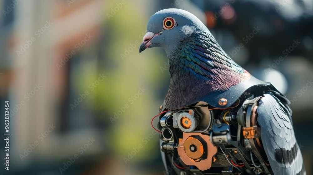 Poster steampunk pigeon robot with detailed mechanical features set against an urban backdrop. the intricat