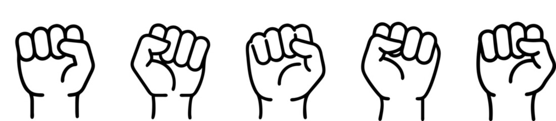 Protest fists. People protesting for human rights, equality anti-discrimination movement. Clenched fists raised up. Gym logo. Vector illustration.